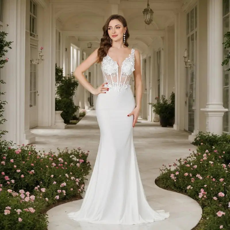 BABYONLINE Handmade Floral Lace Mermaid Wedding Dress | Plunging V-Neck w/Sheer Panels & Elegant Bridal Gown 2026 New