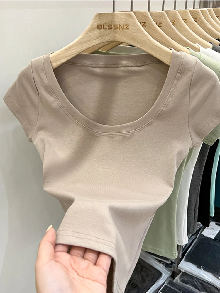 2026 Sexy Square Collar Slim T Shirt Women Cotton Elastic Basic Solid Female Casual Tops Short Sleeve Thin T-shirts See Through