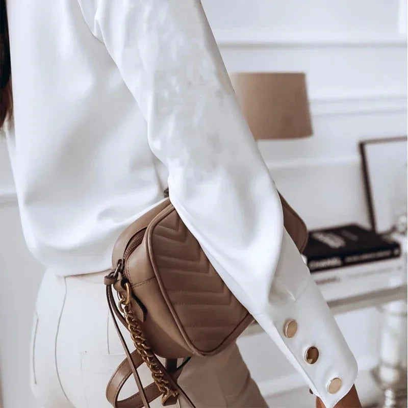 Long Sleeve 2026 Stand Collar Office Lady Tops Button Up Women Blouse White Casual Woman Shirt Fashion Black Loose Shirts 10619