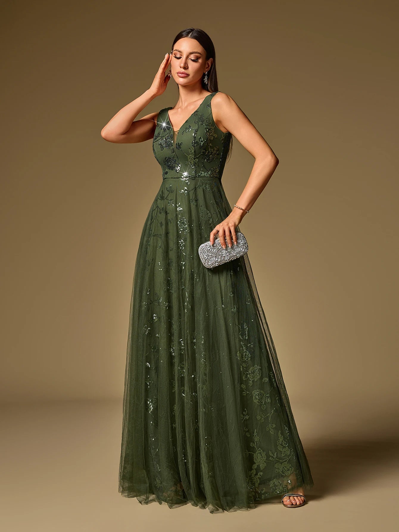 New Formal Evening Gown V-Neck Sleeveless Sequin Embroidery Long Party Dress Wedding Bridesmaid Dress