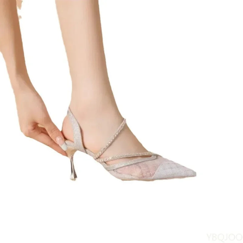 Luxury Women's high heels Summer new rhinestone Sandals Pointed shallow mouth mesh ladies shoes Fashion versatile heel sandals