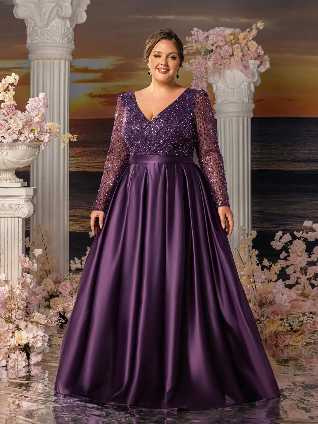 Plus-size sequined satin mother's evening dresses with overlapping neckline, elegant and formal long dress, 2026.