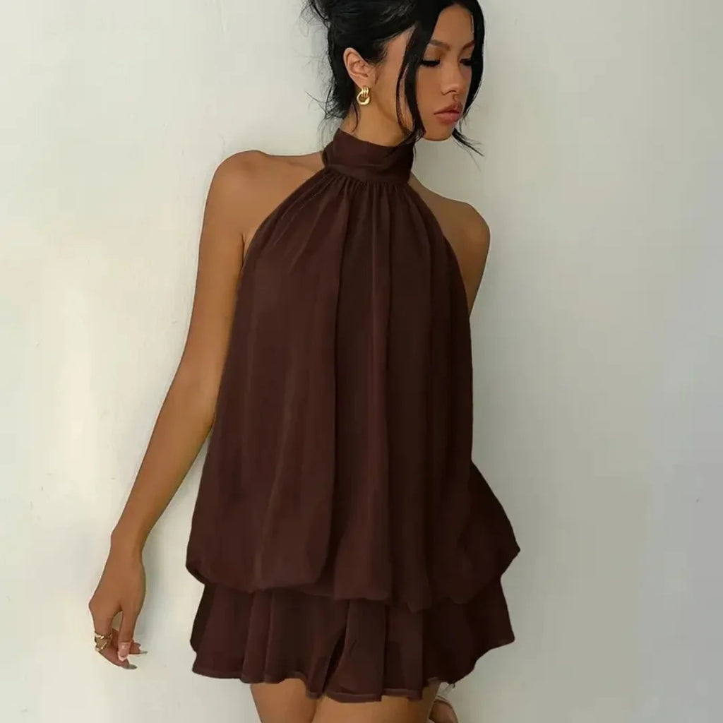 Women's Halter Neck Dress Sweet Backless Tie-Front Chiffon Sheer Mini Skirt Fashion Sexy Y2K Vintage Cute Party Birthday Dress