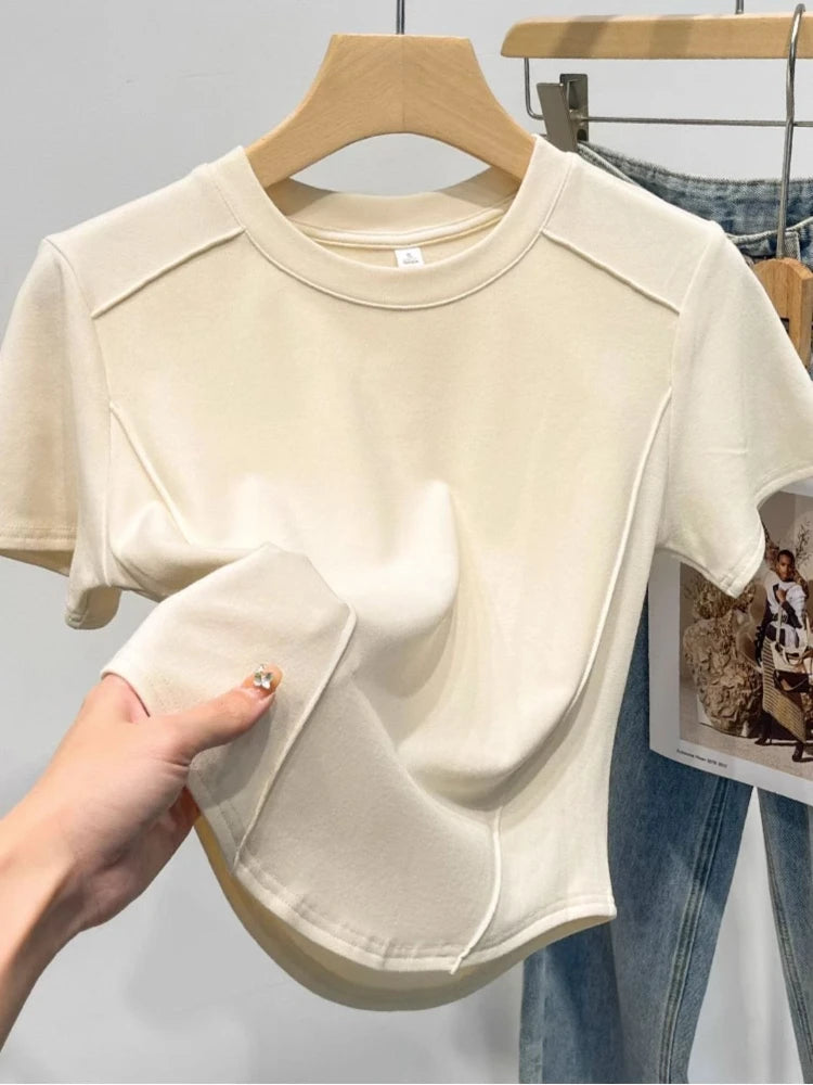 2026 Summer White T-shirt Cotton Female Short-sleeved Student Versatile Slim T-shirt Harajuku Crop Top Trend