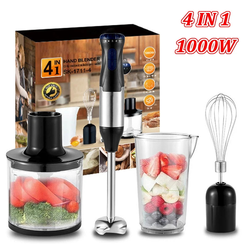 4 in 1 Kitchen Immersion Blender 1000W Stainless Steel Handheld Blender Vegetable Meat Chopper Egg Whisk Smoothie Stick Mixer