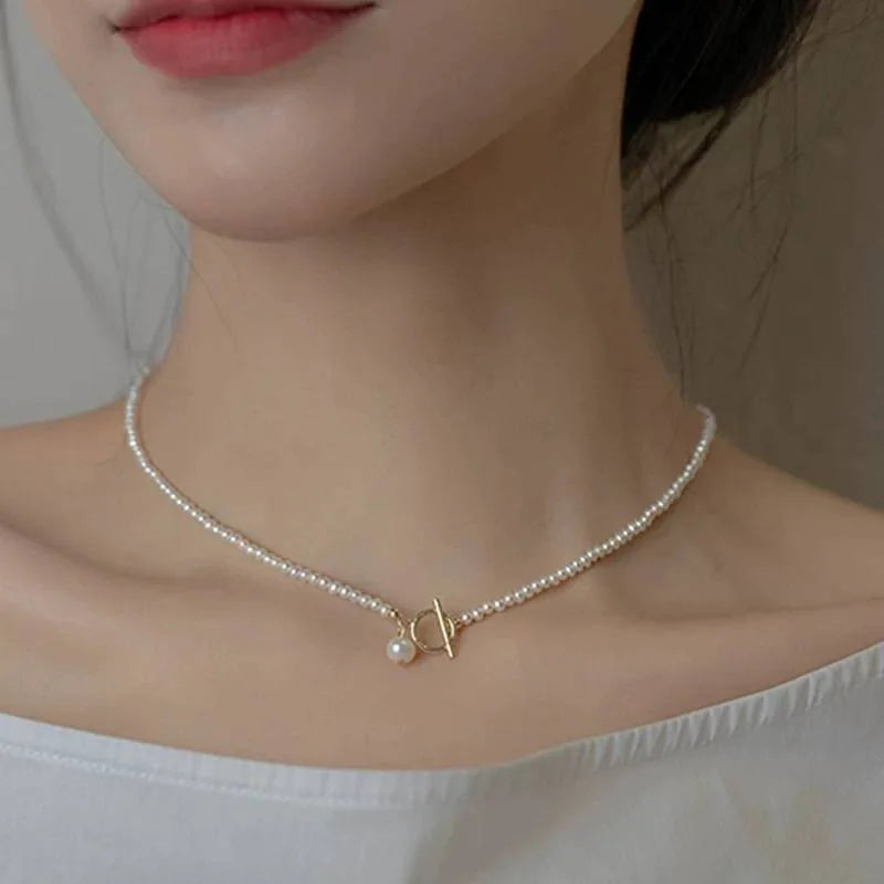 Minar Classic Natural Freshwater Pearl Beaded Necklace for Women 14K Real Gold Plated Copper Toggle Clasp Circle Strand Chokers