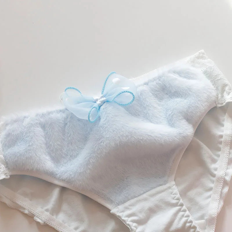 Women Cute Lovely Sweety Princess Style Bow Cotton Panties Flesh Soft Keep Warm Autumn Winter Underwear Candy Color Breifs