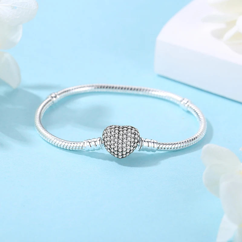 Original 925 Sterling Silver Bracelets Bangles Love Heart Clip Charms Beads Snake Chains For Women Rose Gold DIY Luxury Jewelry