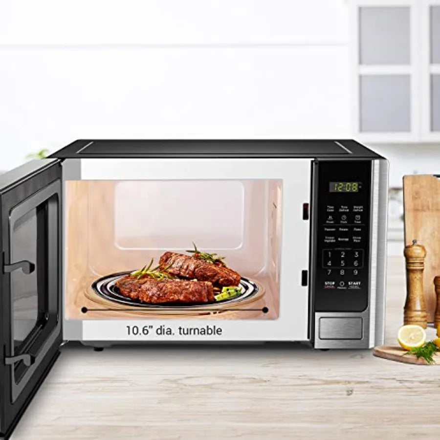 Digital Microwave Oven with Turntable Push-Button Door, Child Safety Lock, Stainless Steel, 0.9 Cu Ft