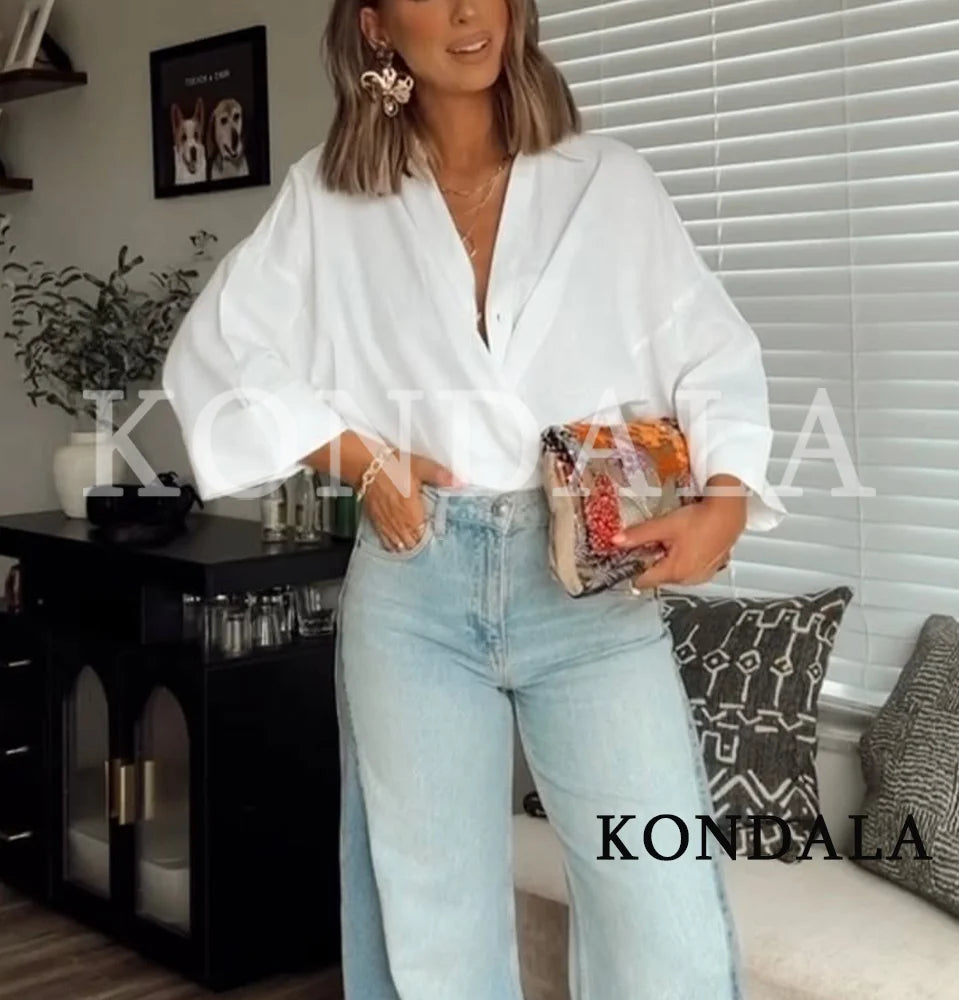KONDALA Minimalist Casual Loose Shirt Women New 2026 Trendy Commute Wide Sleeves Shirt Spring Summer Fashion Holidays Lady Shirt