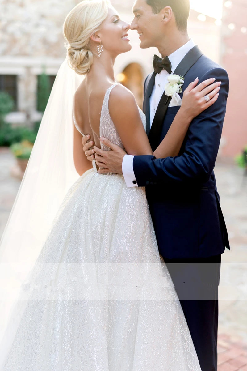 Glitter Women's Wedding Dress V Neck Wedding Dresses Bridal Gown Customized Simple Wedding Dress Bridal Beach Wedding Gown