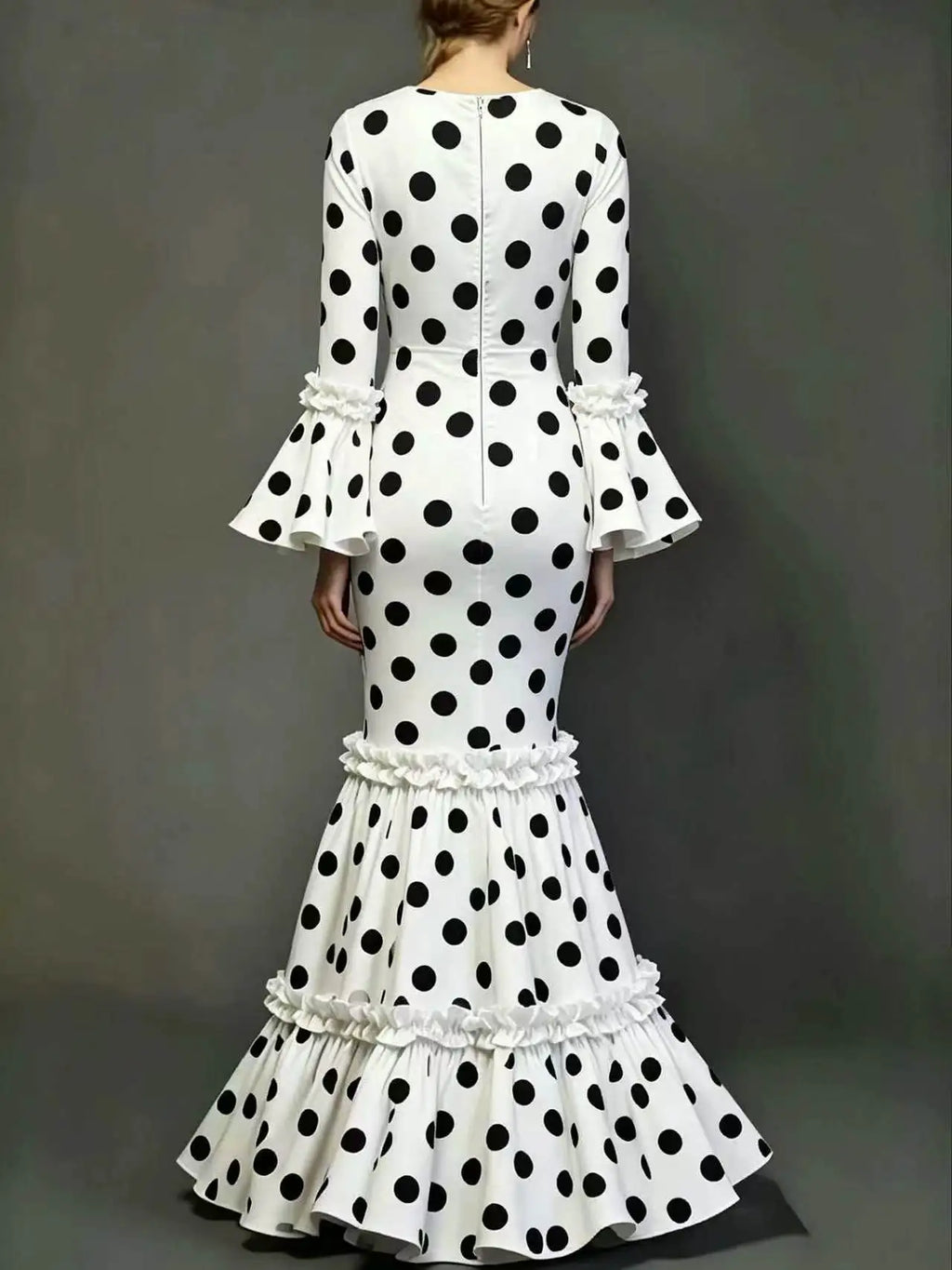 2026 Elegant Flare Sleeve Black and White Dot Party Dress Women Long Sleeve Fishtail Dress Long Evening Dress