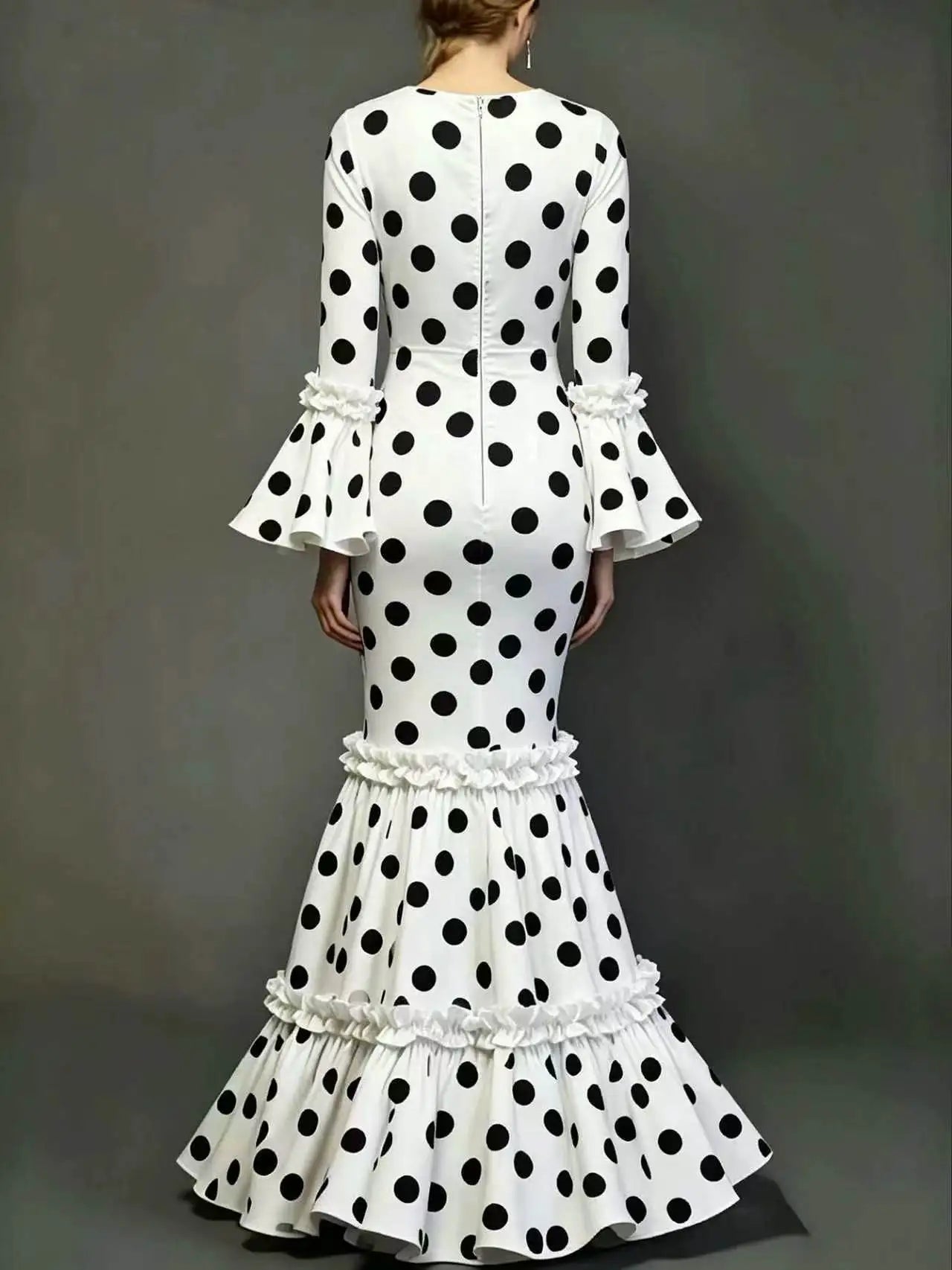 2026 Elegant Flare Sleeve Black and White Dot Party Dress Women Long Sleeve Fishtail Dress Long Evening Dress
