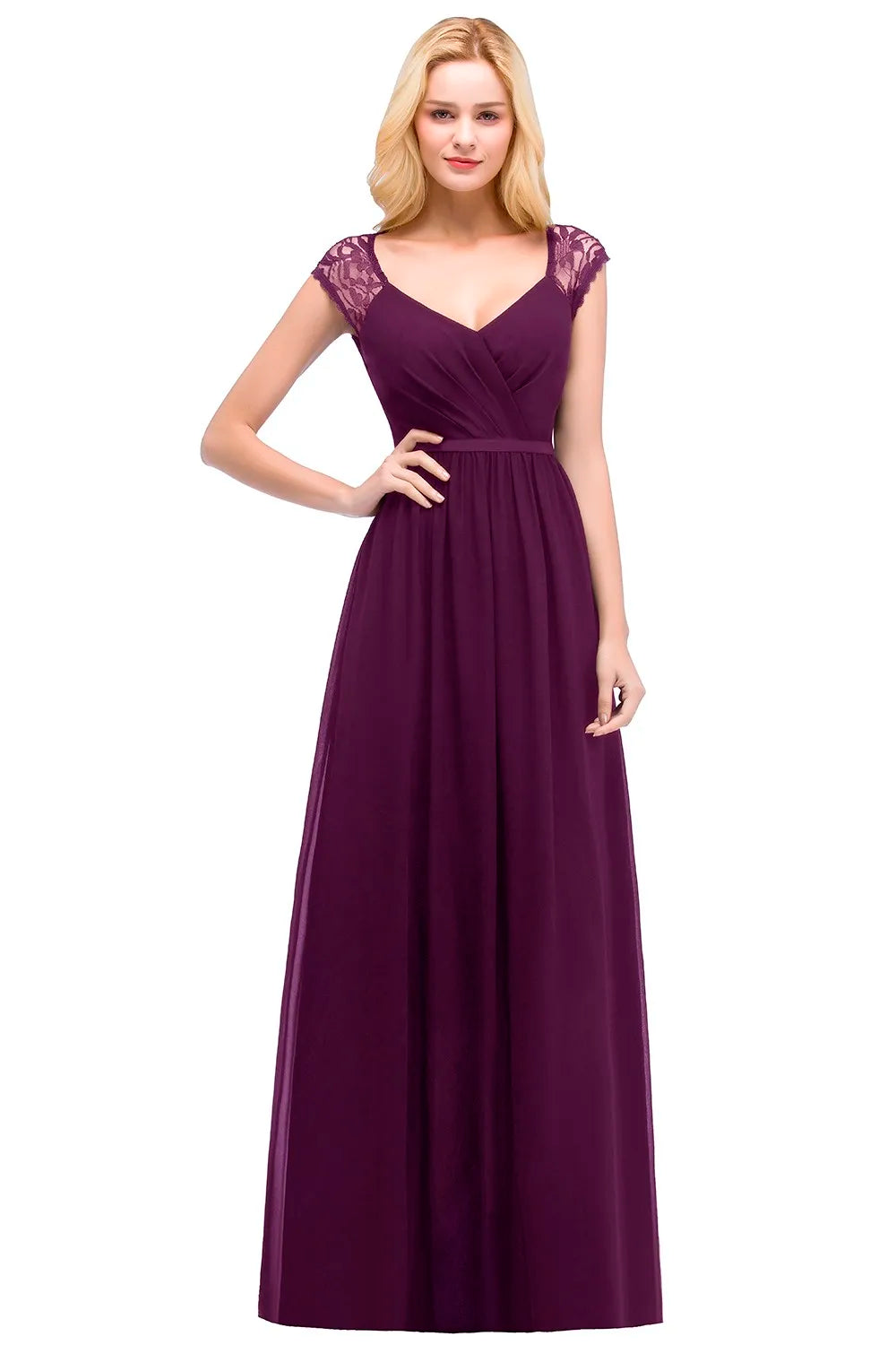 Black Lace Chiffon Evening Dresses For Women V Neck Backless Cap Sleeve Burgundy Navy Blue Formal Wedding Party Gowns Vestidos