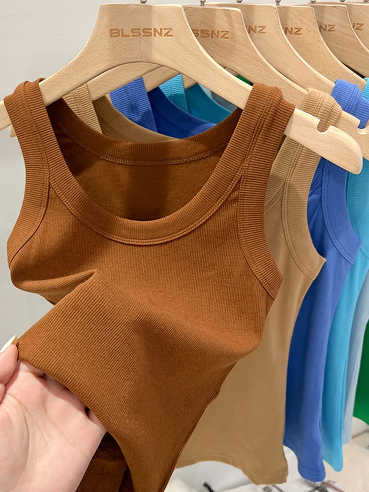 AOSSVIAO Women Solid Round Neck Ribbed Tank Top Camisole Women 2026 Summer Basic Elastic Tank Top O Neck Solid Tank Top