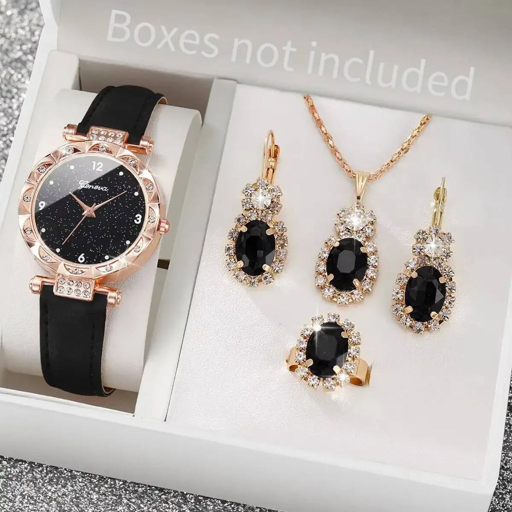 5PCS/Set Fashion Rhinestone Women's Watch Leather Strap Ladies Quartz Wristwatches Diamond Jewelry Set Reloj Mujer（Without Box）