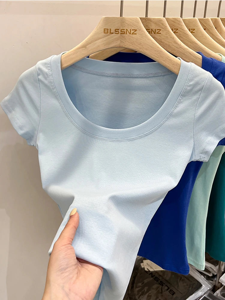 2026 Sexy Square Collar Slim T Shirt Women Cotton Elastic Basic Solid Female Casual Tops Short Sleeve Thin T-shirts See Through