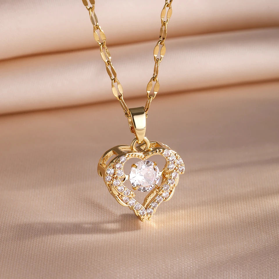 Trendy Heart Stainless Steel Zirconia Necklaces For Women Girls Love Gold Color Metal Necklace Party Birthday Daily Jewelry