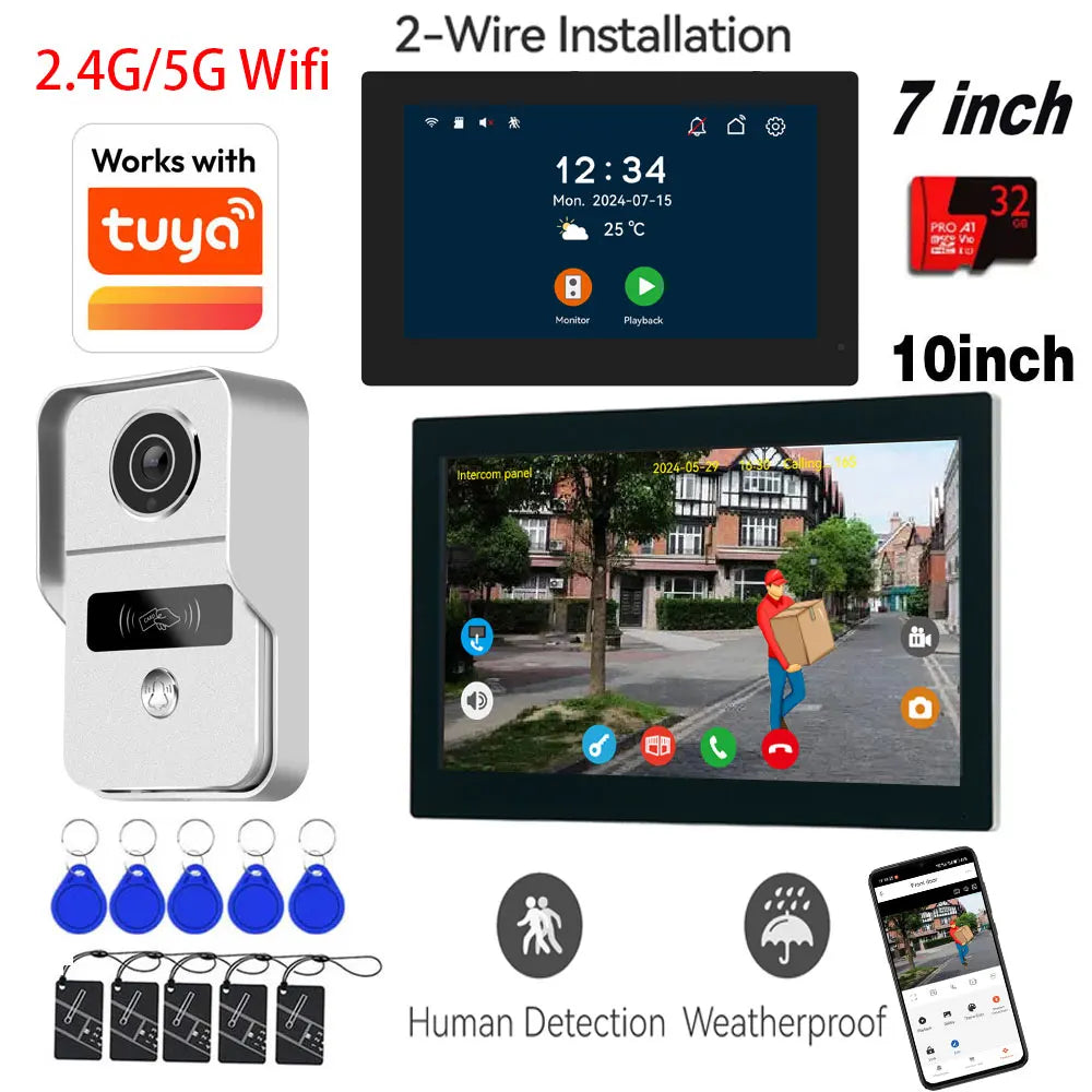 New Tuya Smart Doorbell HD Camera Home Video Intercom Wifi 2 Wires 7/10 Inch Wireless Video Doorphone System 5-in-1 NFC Unlock