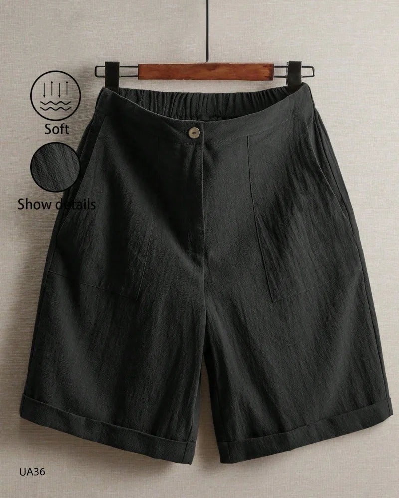2026 summer new cotton and linen five-piece pants women's high-waisted elastic waist button shorts loose casual shorts