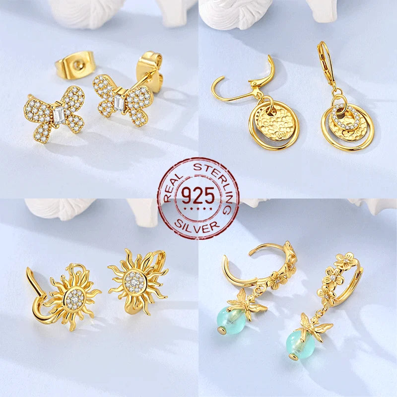 Gold Serie Hoop Earrings 925 Sterling Silver Sparkling Irregular Shape Feather Star Earrings Stud for Woman Girl Jewelry Gift