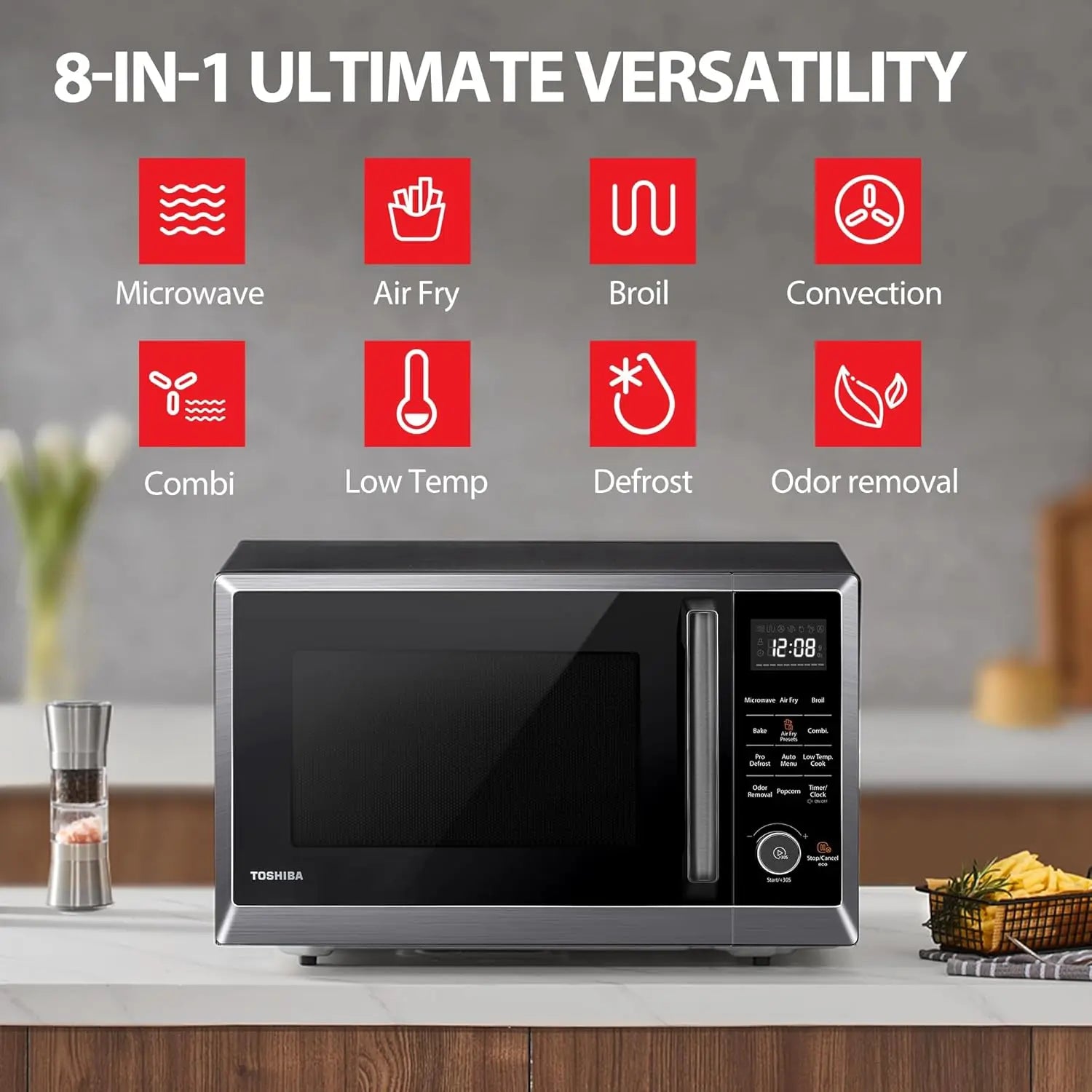 Air Fryer Combo 8-in-1 Countertop Microwave Oven, with Convection, Broil, Odor Removal Mode, 12.4" Position Memory Turntable, Ch