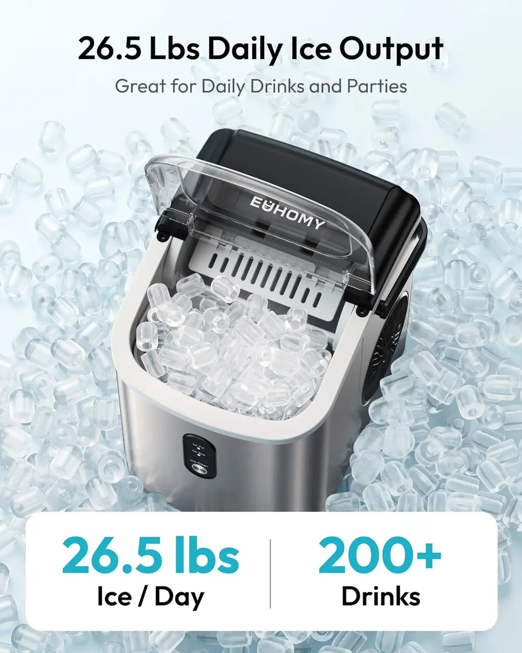 Ice Maker Countertop with Carry Handle, 26.5lbs/Day, 9 Bullet Cubes in 6 Mins, Auto-Cleaning, for Home Kitchen Camping RV