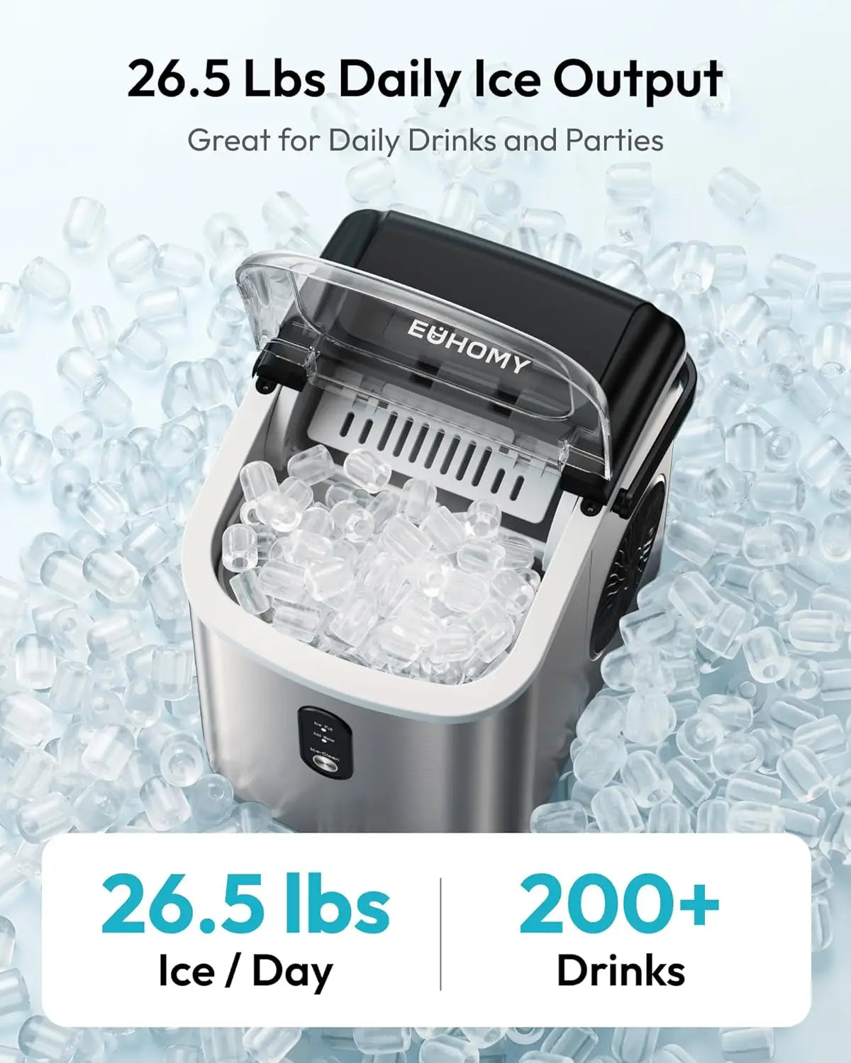 Ice Maker Countertop with Carry Handle, 26.5lbs/Day, 9 Bullet Cubes in 6 Mins, Auto-Cleaning, for Home Kitchen Camping RV