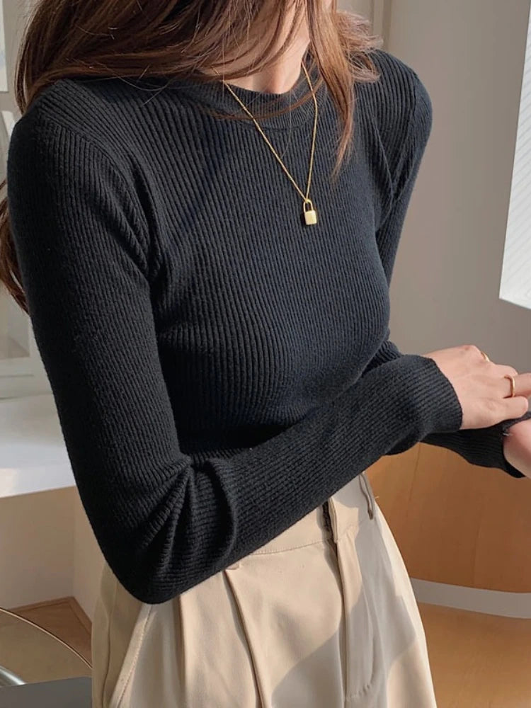 Autumn Winter 2026 Chic Casual Basic Women Sweater O-neck Solid Knit Slim Pullovers Female Long Sleeve Warm Versatile Sweater