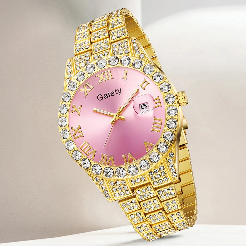 2PCS Luxury Women's Watch Set Fashionable and Elegant Diamond Elements with Calendar Quartz Watch Bracelet Set Perfect Gift