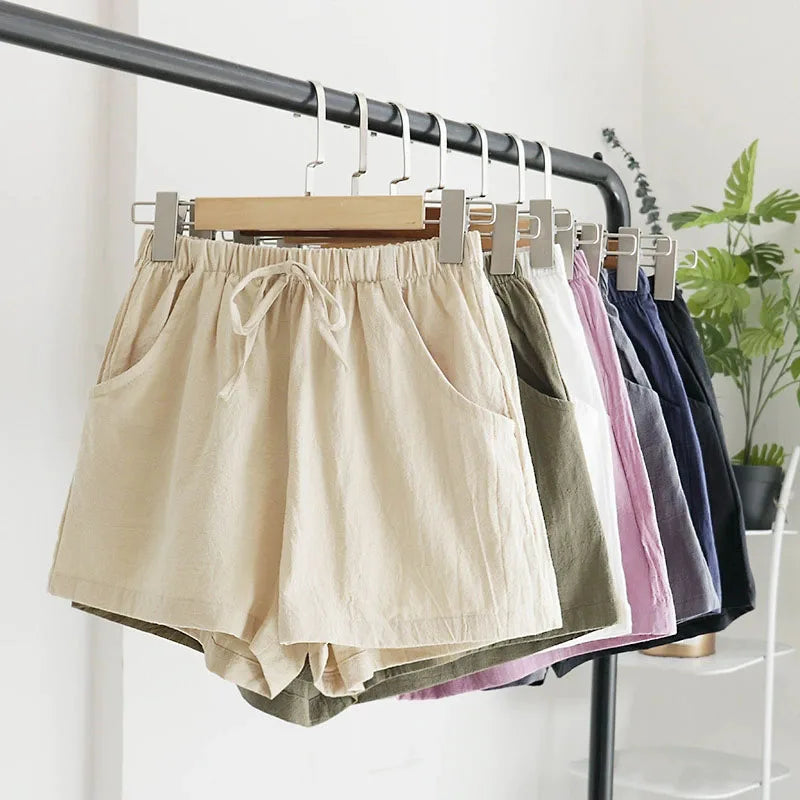 Women Cotton Linen Shorts 2026 New Summer High Waist Casual Sports Shorts Female Solid Color Pocket Loose Beach Hot Short Pants