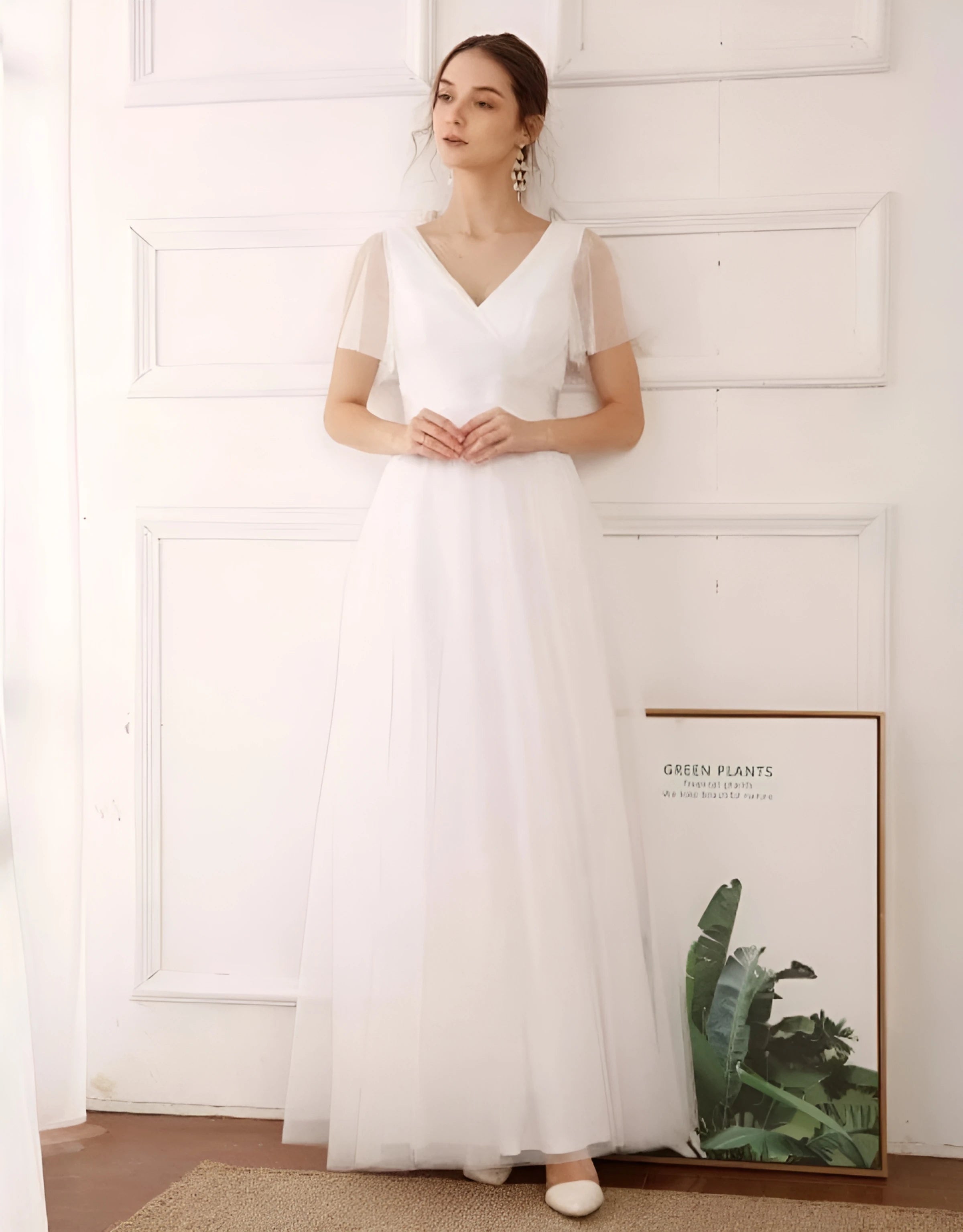 Women Simple Evening Dress Tulle Ruffles Short Sleeve V-Neck Backless Empire Sashes Prom Dress A-Line Maxi Wedding Bridal Gowns