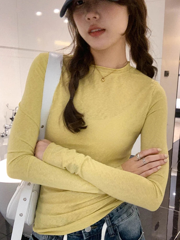 2026 Spring Autumn T shirt Women Tops Solid Slim Fit Long Sleeve O Neck Tshirts Female Casual Streetwear High Quality Base Tees