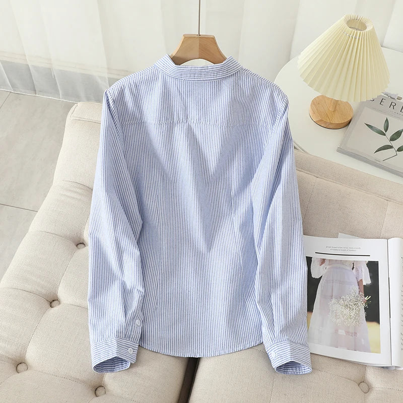 Casual Cotton Women's Oxford Shirt 2026 Autumn New Good Quality Woman Blouse and Tops Lady White Blue Striped Shirts Clothes