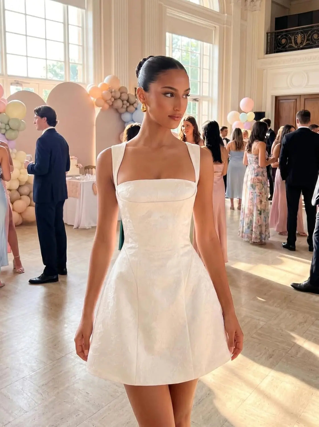 Prom Gowns Mini Short Satin Homecoming Dress Square Neck Floral Jacquard Corset Mini Formal Evening Cocktail Gown for Teens