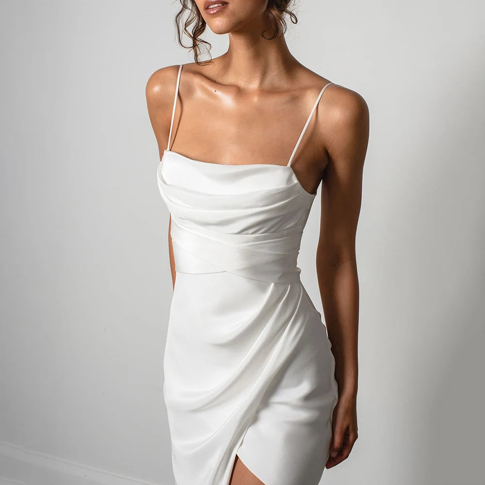 Customized Simple Mermaid White Wedding Dresses Spaghetti Straps High Slit Satin Backless Plain Bridal Gown Sweep Train Vestidos