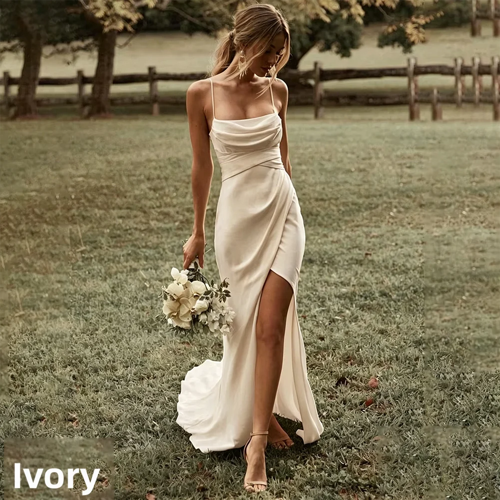 Customized Simple Mermaid White Wedding Dresses Spaghetti Straps High Slit Satin Backless Plain Bridal Gown Sweep Train Vestidos