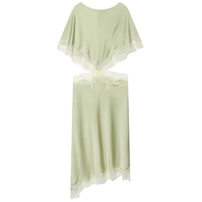 HXAO Asymmetric Satin Lace Dress Women's Dress Summer 2026 Sexy Midi O-Neck Batwing Short Sleeve Cut Out Vestidos Party Dresses