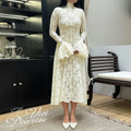 Oligai Women's Vintage Romantic Lace Maxi Dress Flared Long Sleeves High Waist A-Line Gown for Wedding Evening Party Dress