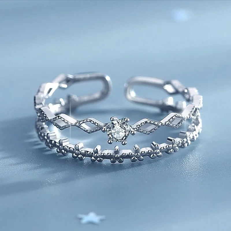 VENTFILLE 925 Sterling Silver Flower Lace Ring Korean Fashion Opening Inlaid CZ Adjustable Rings Valentine's Day Gift