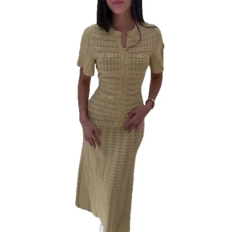 UNITIM 2026 Spring Summer Women Dress Round Neck Short Sleeve Lady Dresses Slim Mid Length Hollow Sparkling Female Dress