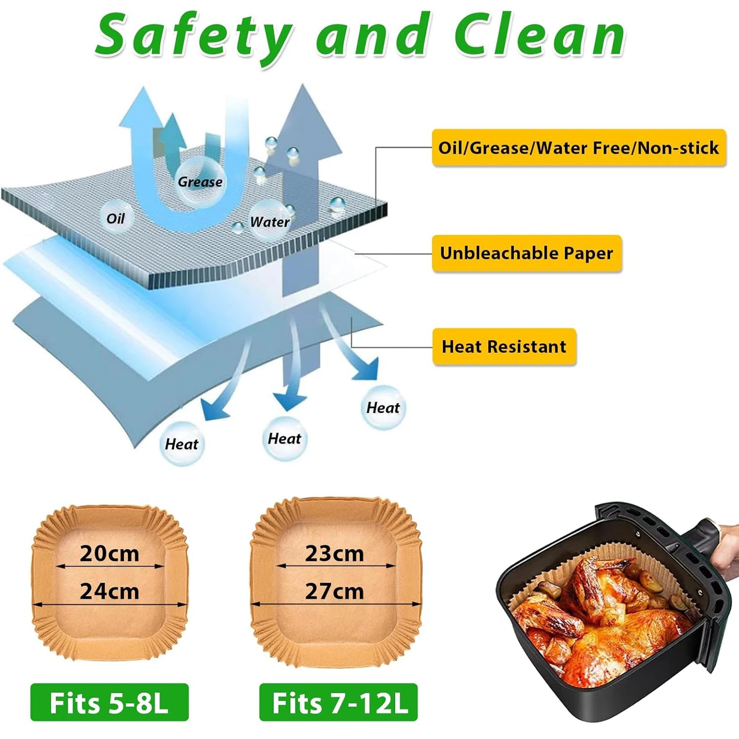 Air Fryer Paper Liners 23-27cm Square Air Fryer Sheets for 7 to 12 Liters Air Fryers, Compatible with COSORI/Ninja