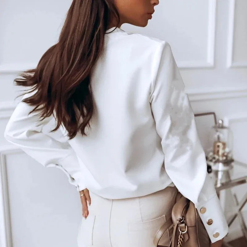 Long Sleeve 2026 Stand Collar Office Lady Tops Button Up Women Blouse White Casual Woman Shirt Fashion Black Loose Shirts 10619