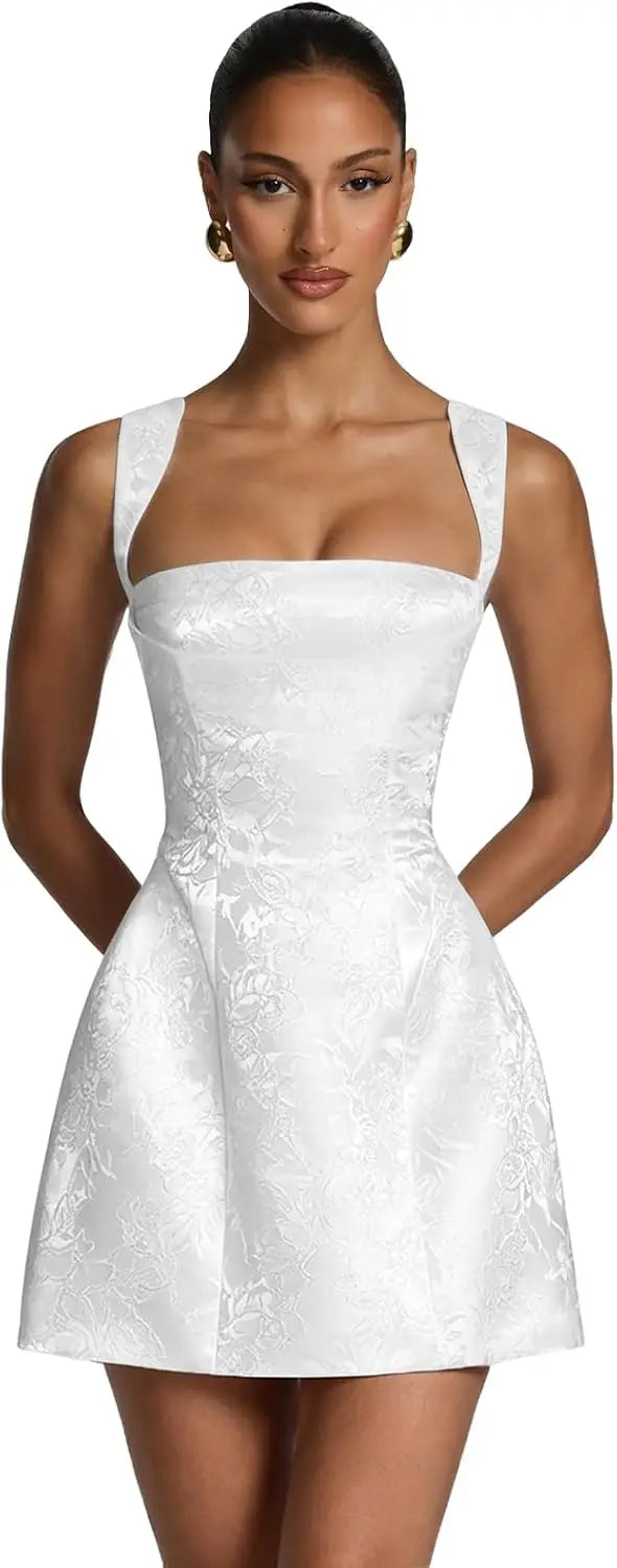 Prom Gowns Mini Short Satin Homecoming Dress Square Neck Floral Jacquard Corset Mini Formal Evening Cocktail Gown for Teens