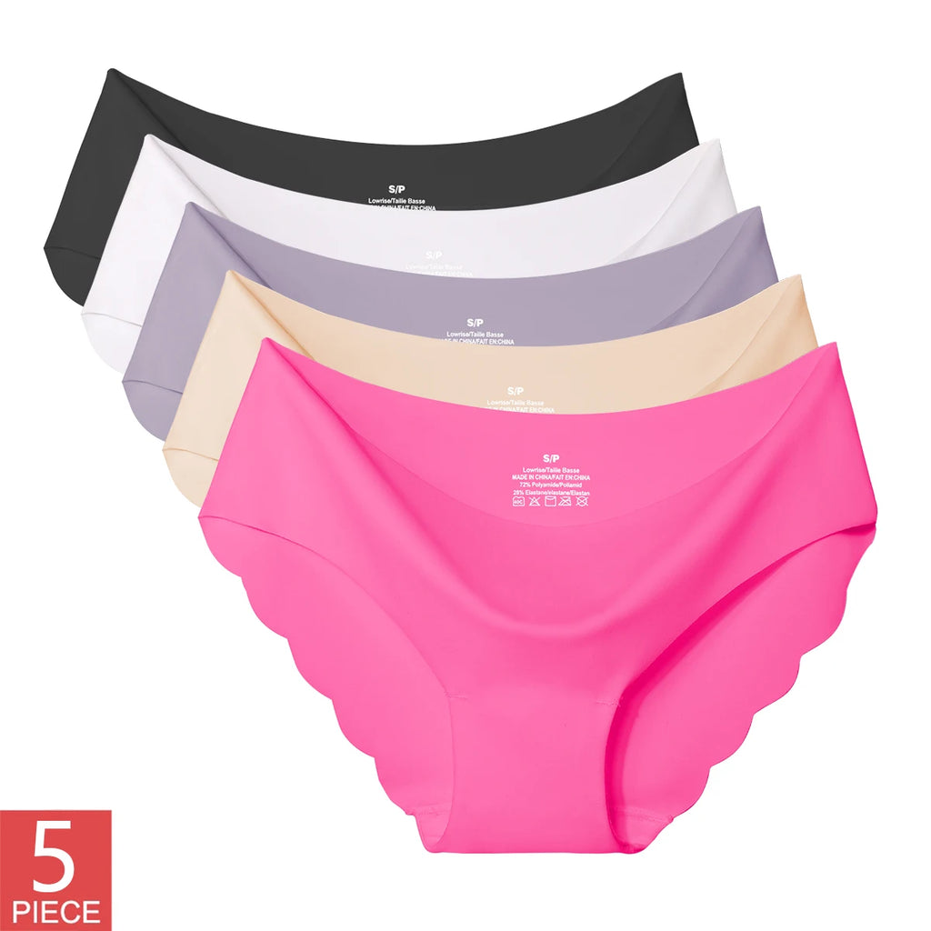 5PCS Women's Summer Ultra-Thin Ice Silk Underwear Seamless Comfort Large Size Briefs Solid Color Wave Underpants Female Lingere