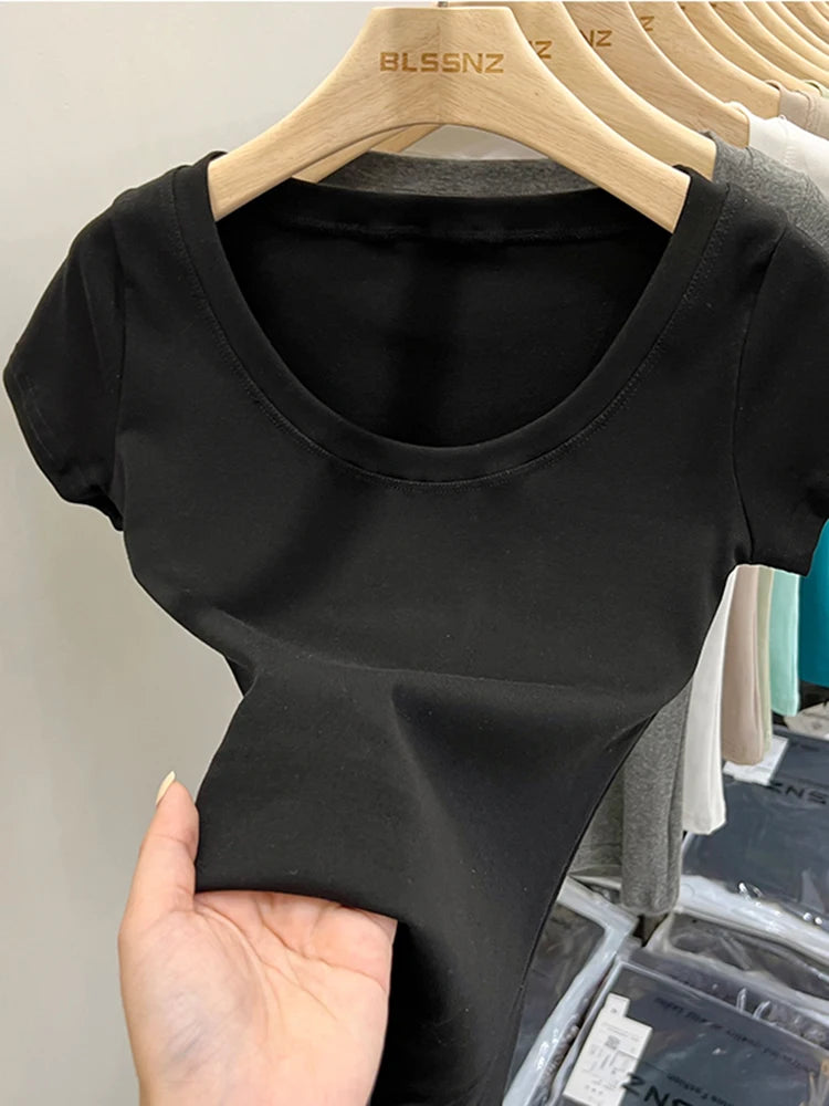2026 Sexy Square Collar Slim T Shirt Women Cotton Elastic Basic Solid Female Casual Tops Short Sleeve Thin T-shirts See Through