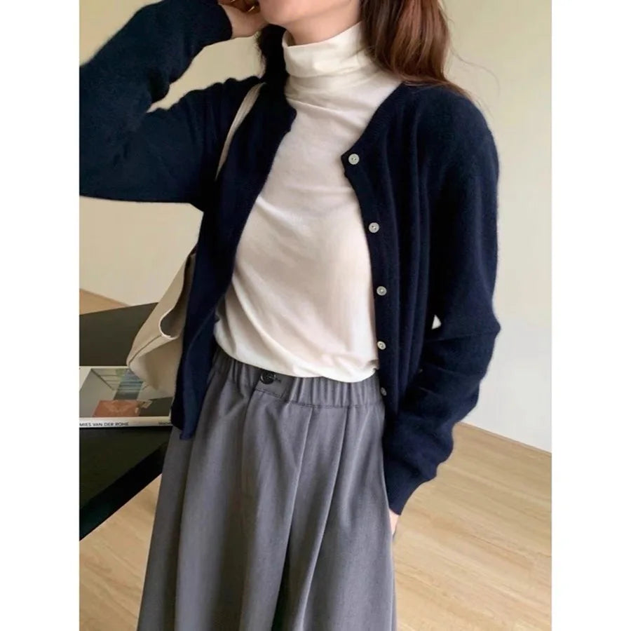 2026 Long Sleeve Vintage Y2k Tops Korean Knitted Cardigan Women's Autumn Winter Fashion O-Neck Versatile Slimming Basis Sweater