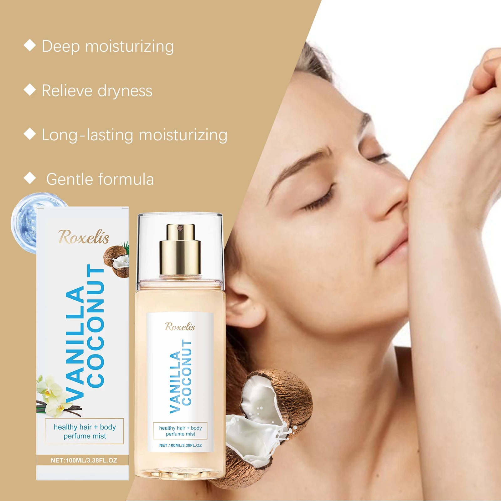 Vanilla Coconut Body Perfume Spray, long-lasting fragrance, exuding unique charm, fresh and romantic, portable perfume
