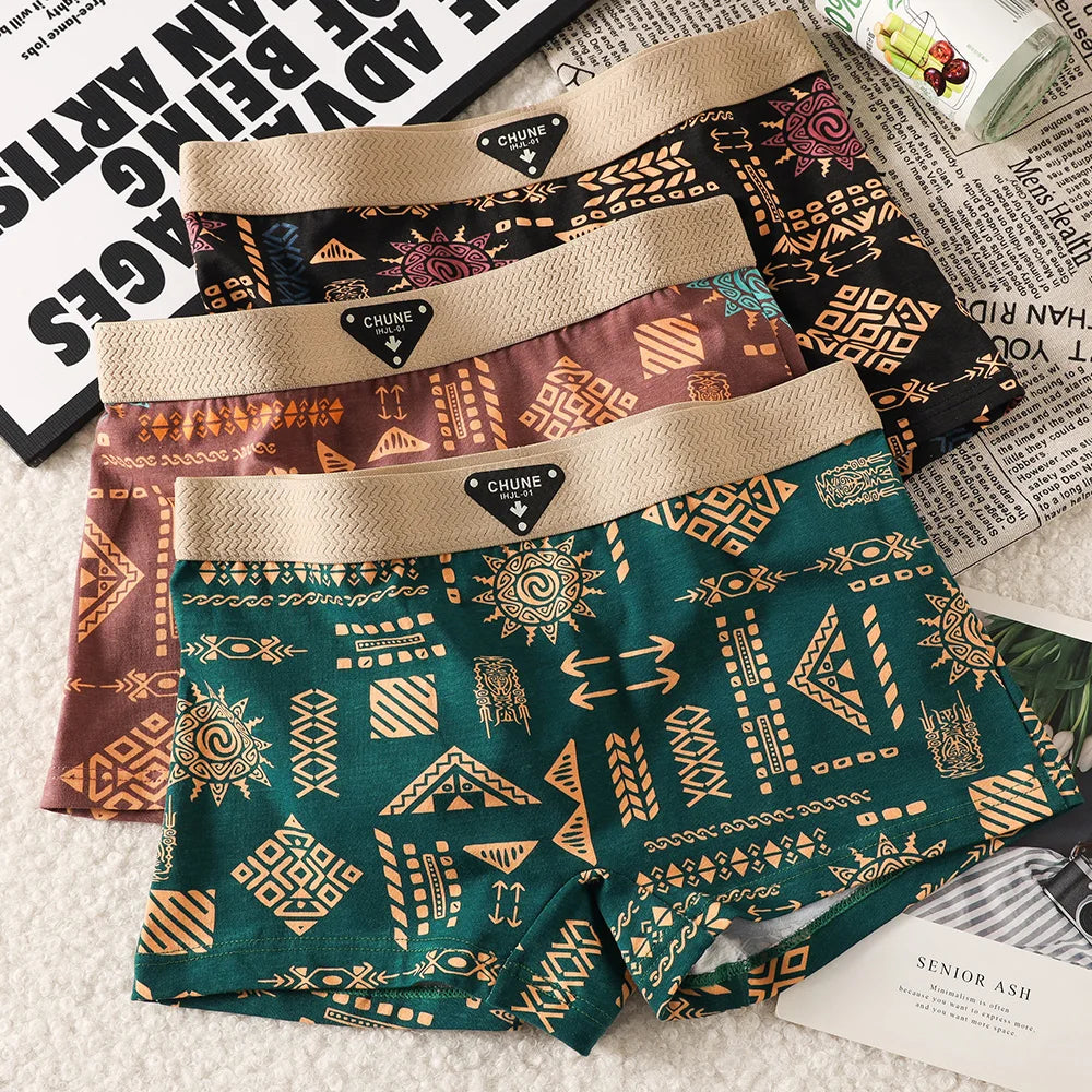 3PCS/Pack 100% Cotton Vintage Print Women's Panties Super Soft Hygroscopic Breathable Underwear High Elastic Waistband Shorts