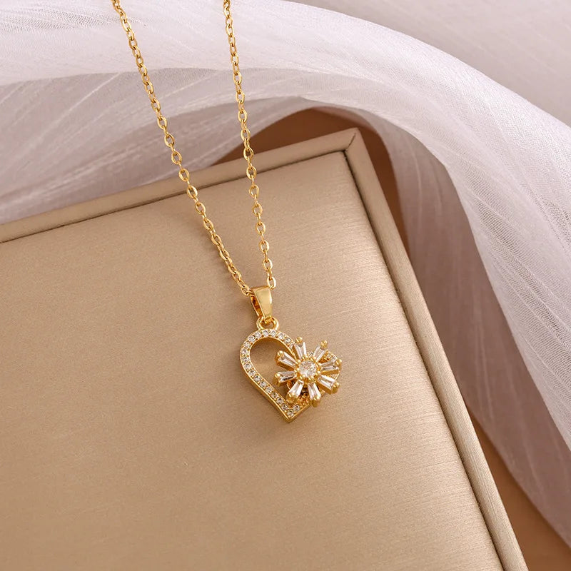 Trendy Heart Stainless Steel Zirconia Necklaces For Women Girls Love Gold Color Metal Necklace Party Birthday Daily Jewelry